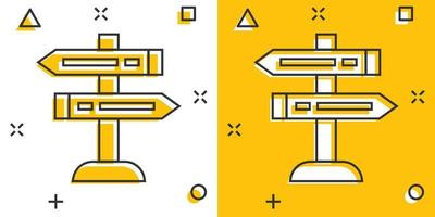 icono de poste indicador de cruce en estilo cómico. ilustración de vector de dibujos animados de dirección de carretera sobre fondo blanco aislado. concepto de negocio de efecto de salpicadura de roadsign.