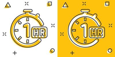 1 hour clock icon in comic style. Timer countdown cartoon vector illustration on isolated background. Time measure splash effect sign business concept.