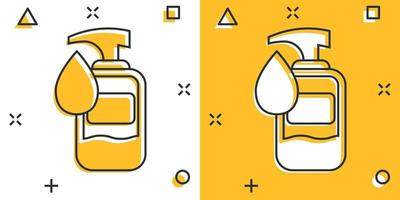 Hand sanitizer icon in comic style. Antiseptic bottle cartoon vector illustration on isolated background. Disinfect gel splash effect sign business concept.