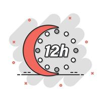 12 hour clock icon in comic style. Timer countdown cartoon vector illustration on isolated background. Time measure splash effect sign business concept.