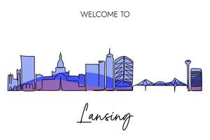 dibujo continuo de una línea del horizonte de lansing con la bienvenida a la redacción de textos publicitarios de lansing. diseño de estilo de dibujo a mano para el concepto de turismo de la ciudad capital de michigan, estados unidos de américa. vector