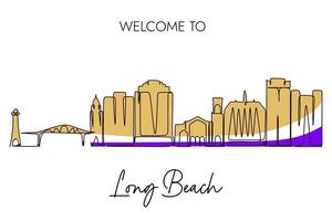 Long Beach skyline single continuous line drawing. flat color Long Beach city design isolated on white background. vector