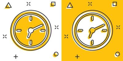 Clock icon in comic style. Watch cartoon vector illustration on white isolated background. Timer splash effect business concept.