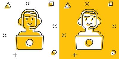 Helpdesk icon in comic style. Headphone cartoon vector illustration on white isolated background. Chat operator splash effect business concept.
