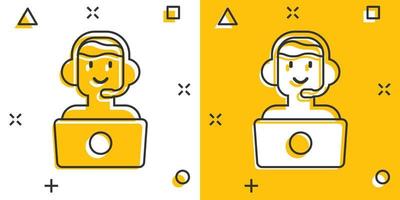 Helpdesk icon in comic style. Headphone cartoon vector illustration on white isolated background. Chat operator splash effect business concept.