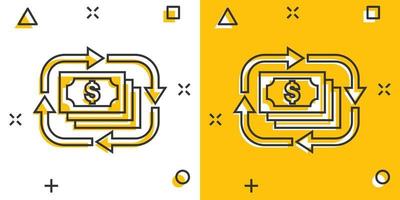 icono de aumento de la tasa de ingresos en estilo cómico. Ilustración de vector de dibujos animados de rendimiento financiero sobre fondo blanco aislado. moneda con concepto de negocio de efecto de salpicadura de flecha de crecimiento.