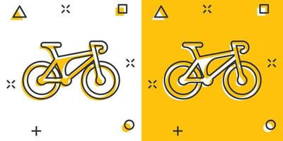 Bicycle icon in comic style. Bike exercise cartoon vector illustration on white isolated background. Fitness exercise splash effect sign business concept.