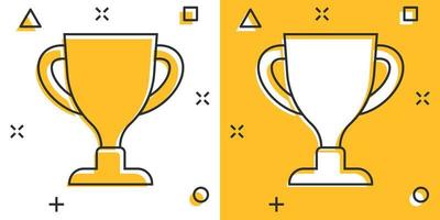 Trophy cup icon in comic style. Goblet prize cartoon vector illustration on isolated background. Award splash effect sign business concept.