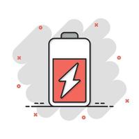 icono de batería en estilo cómico. ilustración vectorial de dibujos animados del acumulador sobre fondo blanco aislado. concepto de negocio de efecto de salpicadura de cargador de energía. vector