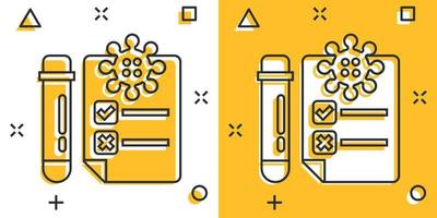 icono de prueba de coronavirus en estilo cómico. covid-19 ilustración vectorial de dibujos animados sobre fondo aislado. concepto de negocio de signo de efecto de salpicadura de diagnóstico médico. vector