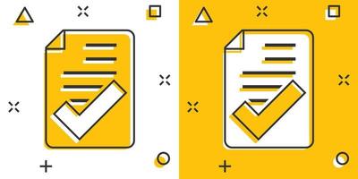 Approved document icon in comic style. Authorize cartoon vector illustration on white isolated background. Agreement check mark splash effect business concept.