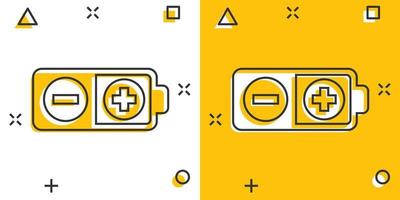 Battery charge icon in comic style. Power level cartoon vector illustration on white isolated background. Lithium accumulator splash effect business concept.