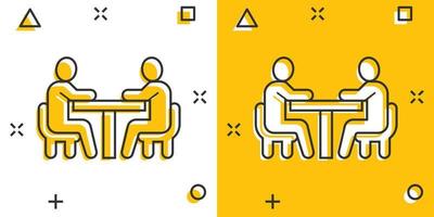 People with table icon in comic style. Teamwork conference cartoon vector illustration on white isolated background. Speaker dialog splash effect business concept.