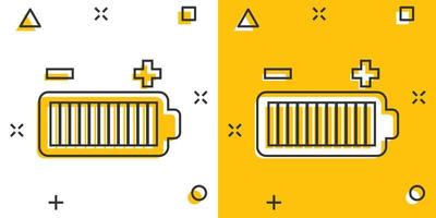 Battery charge icon in comic style. Power level cartoon vector illustration on white isolated background. Lithium accumulator splash effect business concept.