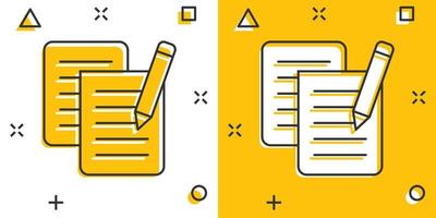 nota de documento con icono de pluma en estilo cómico. ilustración de vector de dibujos animados de lápiz de hoja de papel sobre fondo blanco. concepto de negocio de efecto de salpicadura de documento de bloc de notas.