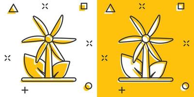 icono de planta de energía eólica en estilo cómico. Ilustración de vector de dibujos animados de turbina sobre fondo blanco aislado. concepto de negocio de signo de efecto de salpicadura de energía de aire.
