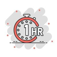 icono de reloj de 1 hora en estilo cómico. ilustración de vector de dibujos animados de cuenta regresiva de temporizador sobre fondo aislado. concepto de negocio de signo de efecto de salpicadura de medida de tiempo.