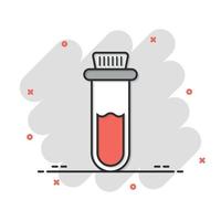 Blood in test tube icon in comic style. Laboratory flask cartoon vector illustration on isolated background. Liquid in beaker splash effect sign business concept.