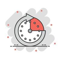 icono de reloj en estilo cómico. ilustración de vector de dibujos animados de negocios y servicios de todo el día sobre fondo aislado. concepto de negocio de signo de efecto de salpicadura de tiempo de servicio rápido.