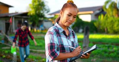 junges weibliches kariertes hemd der landwirtschaftlichen kleidung verwendet digitalen stift und tablette, die das pflanzen überprüfen, während sie auf dem biologischen bauernhof arbeiten, ihre junge schwester wässert hinterher, intelligenter landwirt mit technologiegerätekonzept video