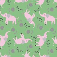 Cute seamless repeat pattern with pink elephant on green background, funny gentle motif. Hand drawn elephant in a pattern with flowers for textiles, wrapping paper and packaging design vector