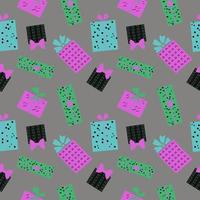 Cute repeating seamless pattern with colorful gift boxes on a dark gray background. Decorative gifts in ornament for textile, wrapping paper and packaging design.Vecctor vector