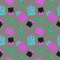 Cute repeating seamless pattern with colorful gift boxes on a dark gray background. Decorative gifts in ornament for textile, wrapping paper and packaging design.Vecctor vector