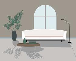 Modern room interior with white sofa, arched window, coffee table, lamp and houseplant, no people. Flat vector illustration. Cozy room and no one.  Illustration overlay or finished image
