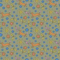 Cute seamless repeating pattern with flowers and a dog on a green-brown background, funny motif. Hand drawn for textile, wrapping paper and packaging design.Vector vector