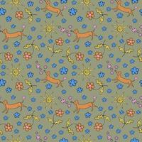 Cute seamless repeating pattern with flowers and a dog on a green-brown background, funny motif. Hand drawn for textile, wrapping paper and packaging design.Vector vector