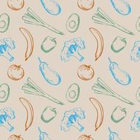 Cute seamless repeating pattern with vegetables, fruits on a beige background. Hand drawn vegetables, fruits for textile, wrapping paper and packaging design vector