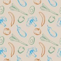 Cute seamless repeating pattern with vegetables, fruits on a beige background. Hand drawn vegetables, fruits for textile, wrapping paper and packaging design vector