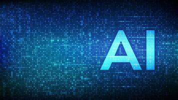 AI. Artificial intelligence. Letters AI made with binary code. Machine learning technology. Binary data and streaming digital code background. Matrix background with digits 1.0. Vector illustration.