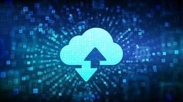 Cloud technology background. Cloud computing. Cloud storage sign with two arrows up and down icon made with binary code. Binary data flow tunnel, cyberspace. Virtual tunnel warp. Vector Illustration.