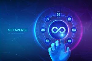 Metaverse technology. Cyberspace of metaverse. Hand touching digital interface. Virtual reality, Augmented reality cyber world simulation. NFT, blockchain concept. Vector illustration.