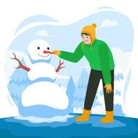 Young Man Makes A Cute Snowman vector