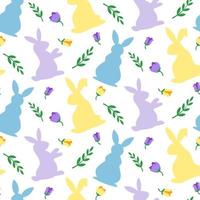 Cute Easter pastel coloured pattern with colorful bunnies and spring flowers on white background vector