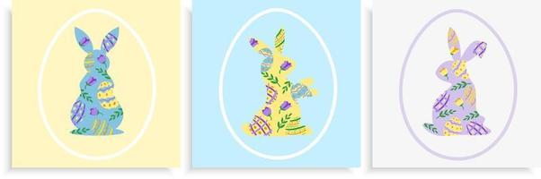 Set of three Easter card design templates with bunnies and eggs flat style pastel coloured vector