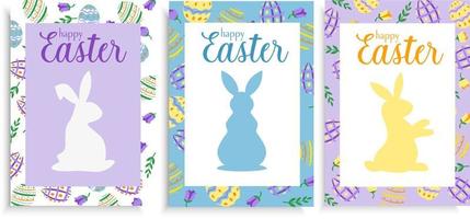 Set of three Easter card design templates with bunnies and pattern flat style pastel coloured vector