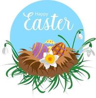 Happy Easter card design with nest and eggs and snowdrops on blue circle shaped background vector