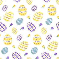 Cute Easter pastel coloured pattern with colorful eggs and spring flowers on white background vector