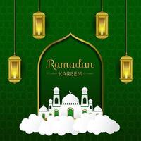 Ramadan mosque and lantern vector design with green islamic background, greeting card for social media post