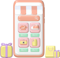 aplicativo de compras de smartphones de ilustração 3d para pagamento sem dinheiro para compras on-line de comércio eletrônico png