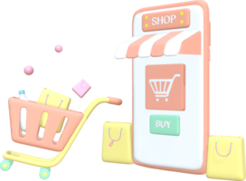 Ilustración 3d aplicación de compras para teléfonos inteligentes y bolsa de carrito para tecnología digital de pago sin efectivo png