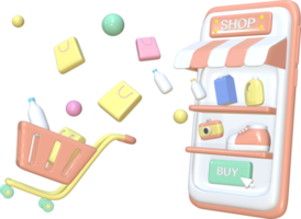 3d Illustration smartphone shopping app and cart bag for cashless payment digital technology png