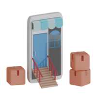 3d rendering smartphone with door and stairs in front of it and also boxes around perfect for online shop design project png