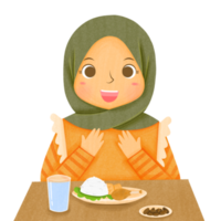 mujeres hijab rezando antes de comer iftar