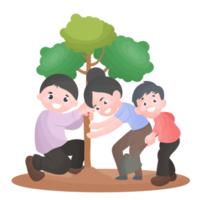 hombre, mujer, niña plantando árboles, ilustración de dibujos animados con padre, madre e hija plantando árboles en su jardín, familia feliz plantando al aire libre.