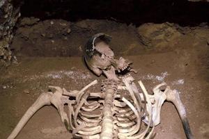 Human skeleton sjull and bones in a tomb photo