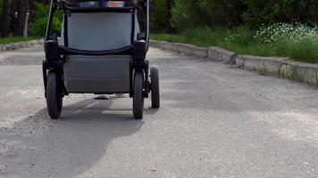 Eine junge Mutter geht mit einem Baby in einem Kinderwagen spazieren video